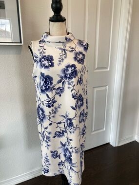 Calvin Klein White Midi Dress with Blue Floral Print